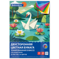 Нарушена упаковка! <794784> Цветная бумага А4 ТОНИРОВАННАЯ В МАССЕ, 20 листов, 20 цветов, склейка, 80 г/м2, BRAUBERG, 116340