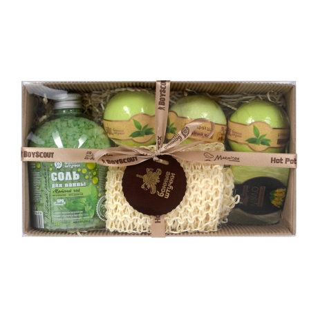 Нарушена упаковка.  <348436> Подарочный набор ''Мятный релакс'' 6 предметов (соль, бурлящие шары 3 шт., мочалка, мыло) Банные штучки  365601