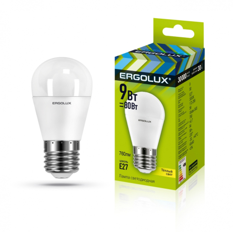 Светодиодная лампа E27 9W 3000K (теплый) Ergolux LED-G45-9W-E27-3K (13176) 