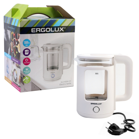 ERGOLUX ELX-KG08-C01 белый (чайник стекло/пластик 1,8л, 220-240В, 1800 Вт) (15334)