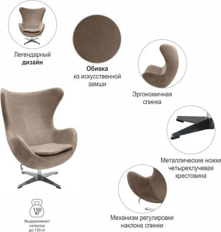 Кресло EGG STYLE CHAIR латте, искусственная замша Bradex Home 761681