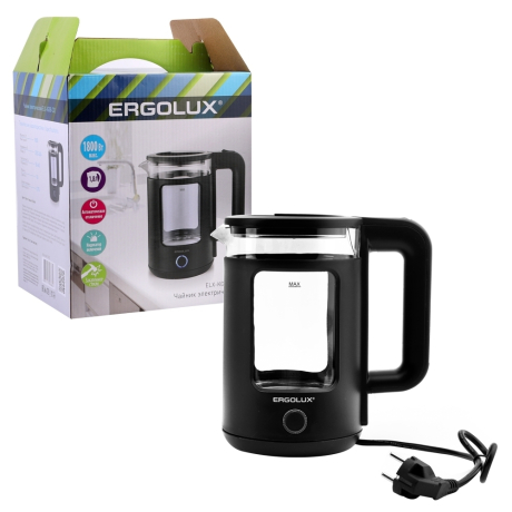 ERGOLUX ELX-KG08-C02 черный (чайник стекло/пластик 1,8л, 220-240В, 1800 Вт) (15333)