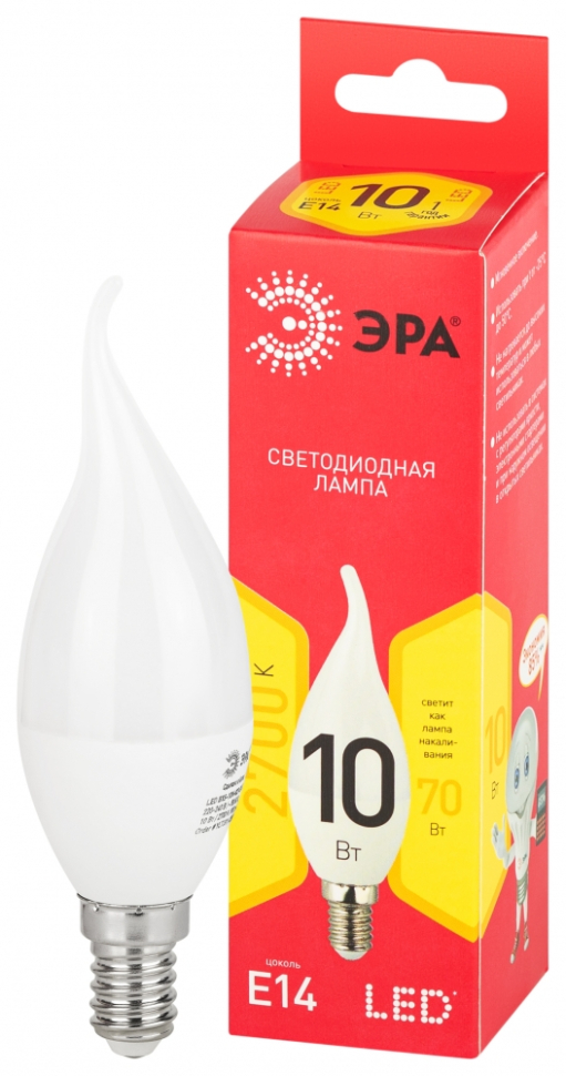 Лампочка светодиодная ЭРА RED LINE LED BXS-10W-827-E14 R E14 Е14 10Вт свеча на ветру теплый белый свет Б0051854 49₽