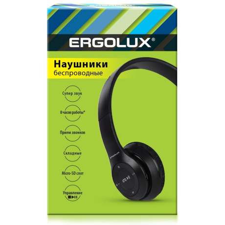 ERGOLUX ELX-BTHP01-C02 (Наушники накладные беспроводные, FM, MP3, микрофон, Черные, Коробка) (15355)