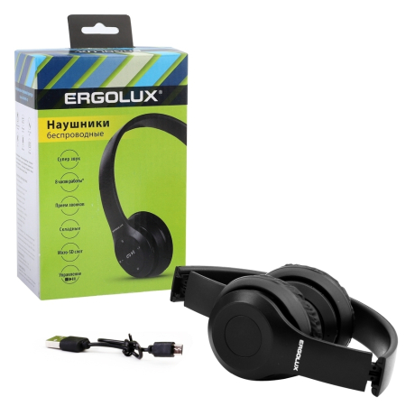 ERGOLUX ELX-BTHP01-C02 (Наушники накладные беспроводные, FM, MP3, микрофон, Черные, Коробка) (15355)
