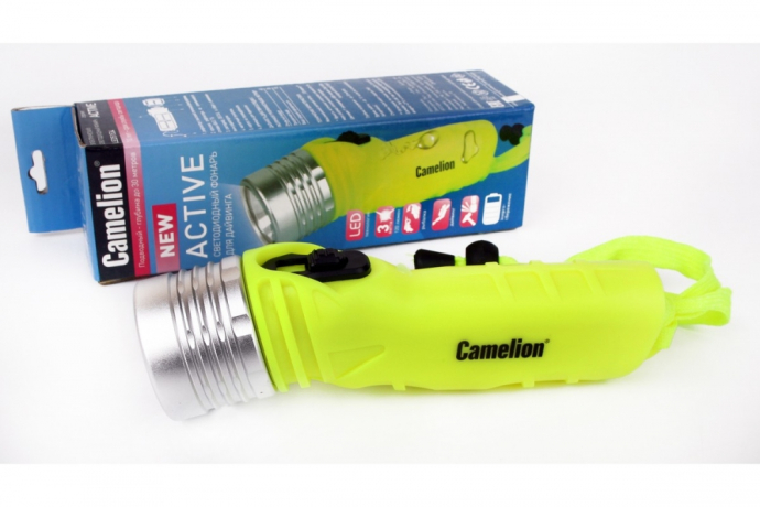 Фонарь для дайвинга на батарейках. Дистанция освещения - 20м в прозрачной воде, 10м - в воде пониженной прозрачности, 40м - на открытом воздухе. Camelion 188989