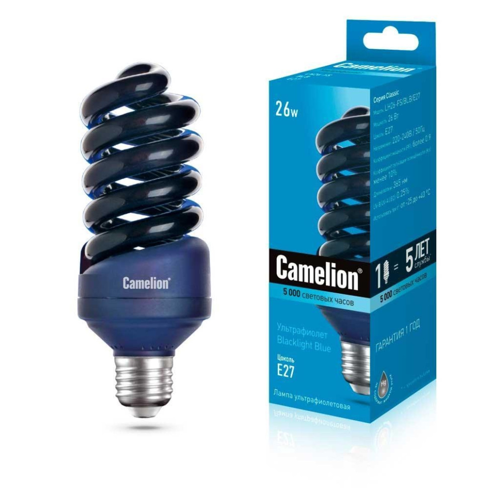 Энергосберегающая ультрафиолетовая лампа E27 26W T4 Camelion LH26-FS/BLB/E27 (11066)