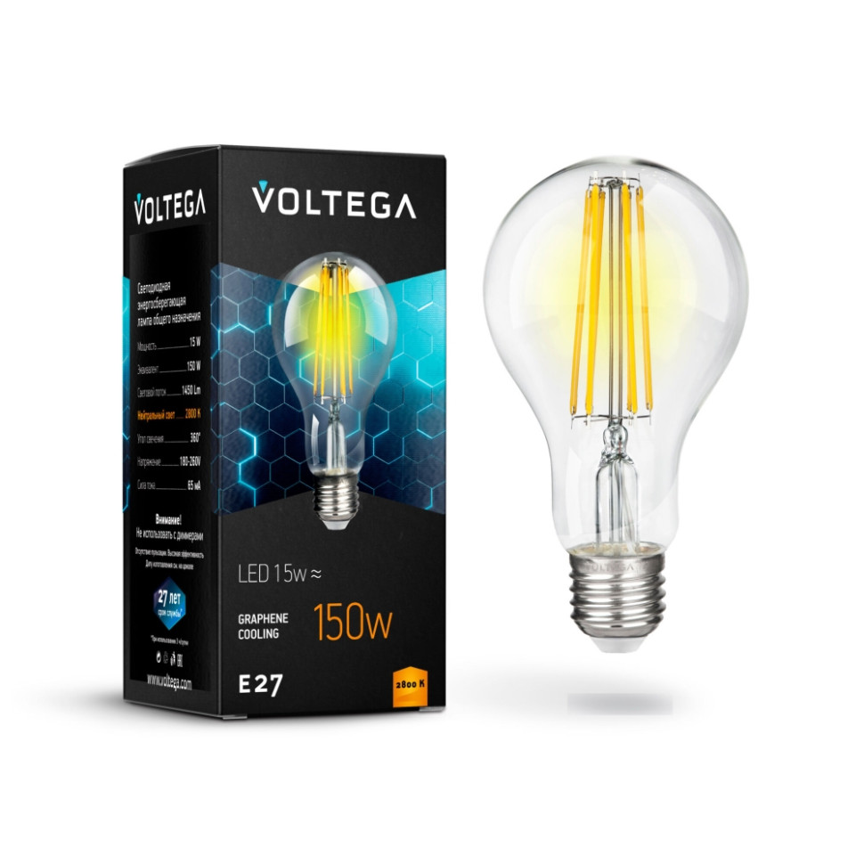 Филаментная светодиодная лампа E27 15W 2800К (теплый) Crystal Voltega 7104 лампа светодиодная филаментная voltega e14 6w 2800к прозрачная vg10 c1e14warm6w f 7019