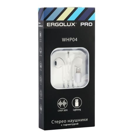 ERGOLUX ELX-WHP04-C01 (Наушники вкладыши с мик.проводные, Lightning, 1,2м, Белые, Коробка+бокс) (15285)