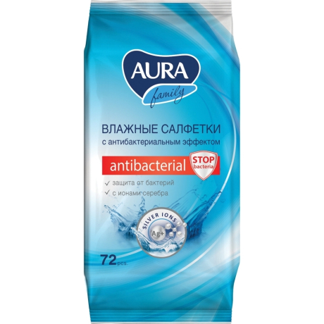 Нарушена упаковка!  <200205> Салфетки влажные, 72 шт., AURA "Family", антибактериальные, для всей семьи, 26065, 7044 (127493)