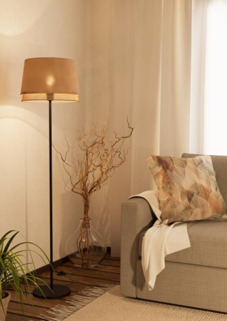 43978 Торшер с ножным выключателем TABLEY, 1X40W (E27), H1530, сталь, черный / текстиль, дерево, коричневый 