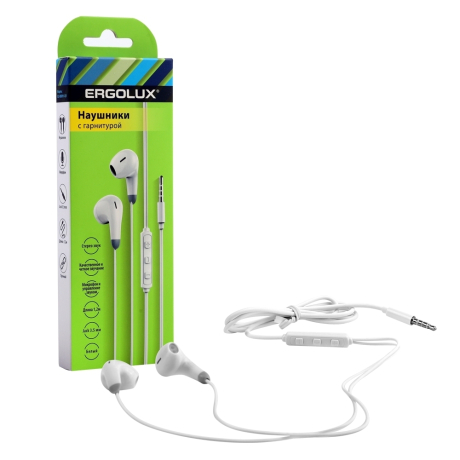 ERGOLUX ELX-WHP01-C01 (Наушники вкладыши с микрофоном проводные, 3.5мм, 1,2м, Белые, Коробка) (15281)