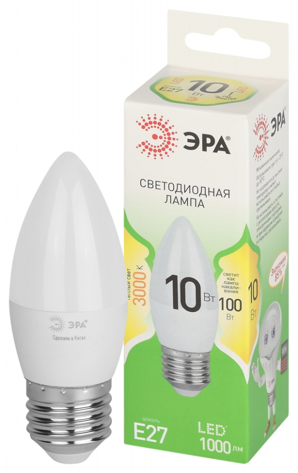Лампочка светодиодная ЭРА GREEN LINE LED B35-10W-830-E27 GL E27 10 Вт свеча теплый свет Б0067097 49₽