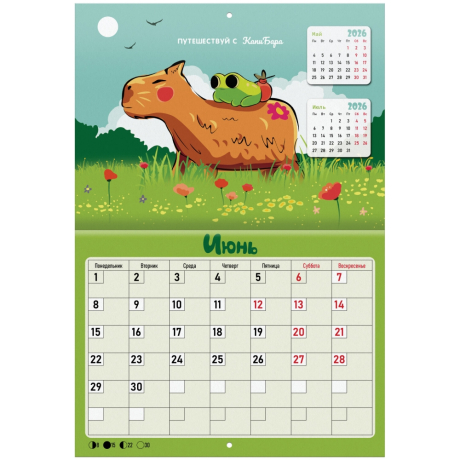 Нарушена упаковка!  <842847> Календарь-планер настенный перекидной на 2026 г., BRAUBERG, 12 листов, 29,5х21,3 см, "Капибара", 116953
