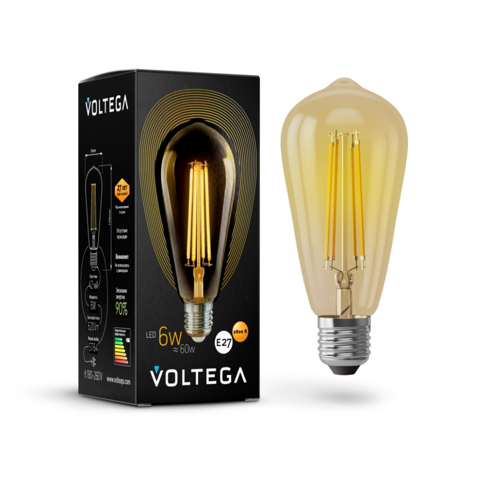 Ретро лампа E27 6W 2800К (теплый) Loft LED Voltega 5526 лампа светодиодная филаментная voltega e14 6w 2800к прозрачная vg10 cc1e14warm6w f 7027