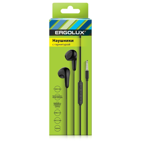 ERGOLUX ELX-WHP01-C02 (Наушники вкладыши с микрофоном проводные, 3.5мм, 1,2м, Черные, Коробка) (15282)