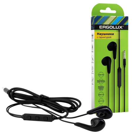 ERGOLUX ELX-WHP01-C02 (Наушники вкладыши с микрофоном проводные, 3.5мм, 1,2м, Черные, Коробка) (15282)