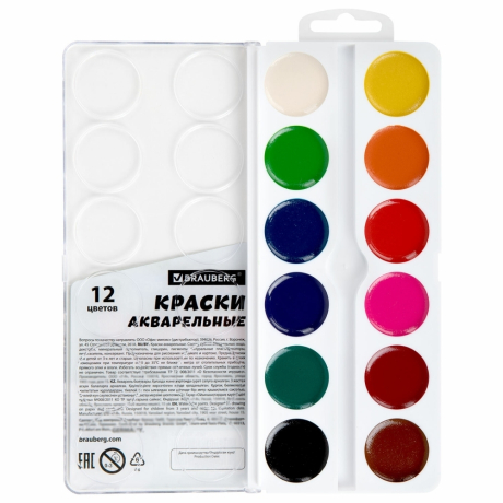 Нарушена упаковка! <757459> Краски акварельные BRAUBERG 12 цветов "Футбол", медовые, круглые кюветы, 192565