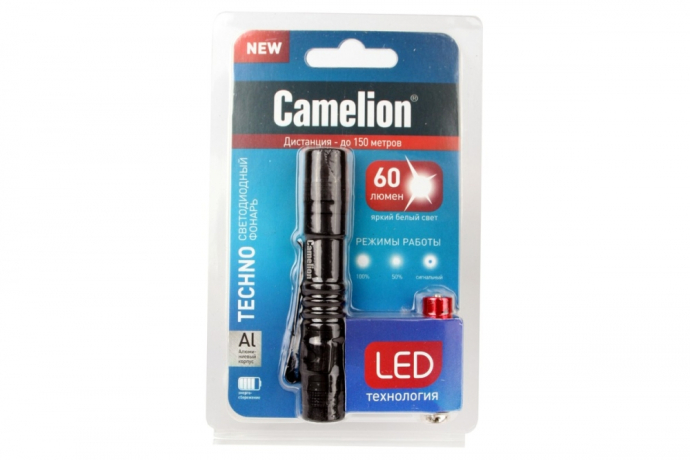 Ручной светодиодный фонарь на батарейках. Дистанция освещения 150 м. 3 режима работы. Camelion 188977 (12916)