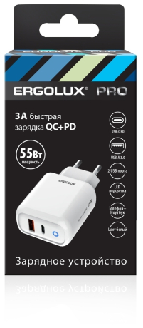 ERGOLUX ELX-РA03QC-C01 (Сетевой адаптер GaN 55 Вт,1USB+1Type C, 100-270В, 5V-20V/3А, QC, Белый) (15293)