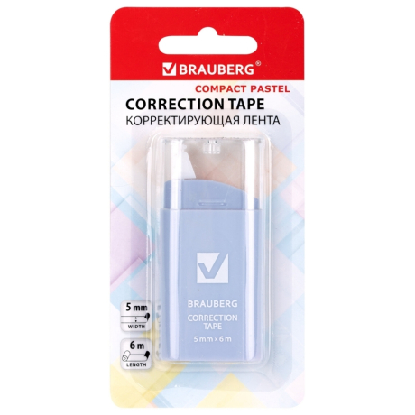Нарушена упаковка! <757610> Корректирующая лента BRAUBERG COMPACT PASTEL, 5 мм х 6 м, корпус ассорти, блистер, 272495