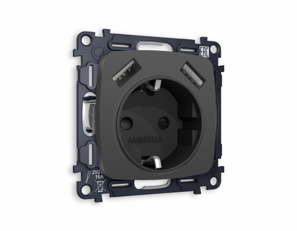 Розетка с заземлением и 2хUSB type A, без рамки Ambrella Volt OMEGA MO909010