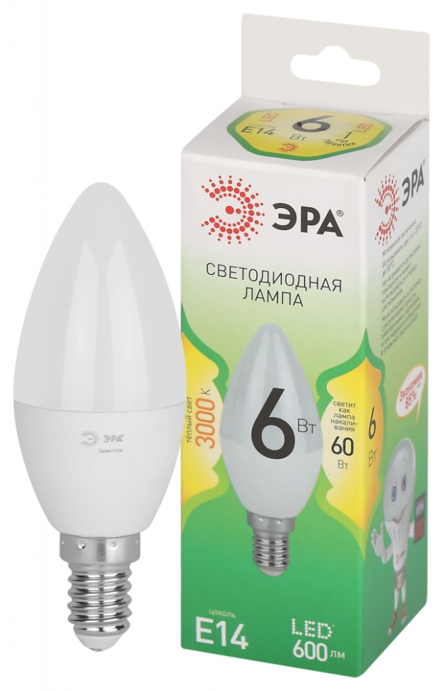 Лампочка светодиодная ЭРА GREEN LINE LED B35-6W-830-E14 GL E14 6 Вт свеча теплый свет Б0067122 47₽