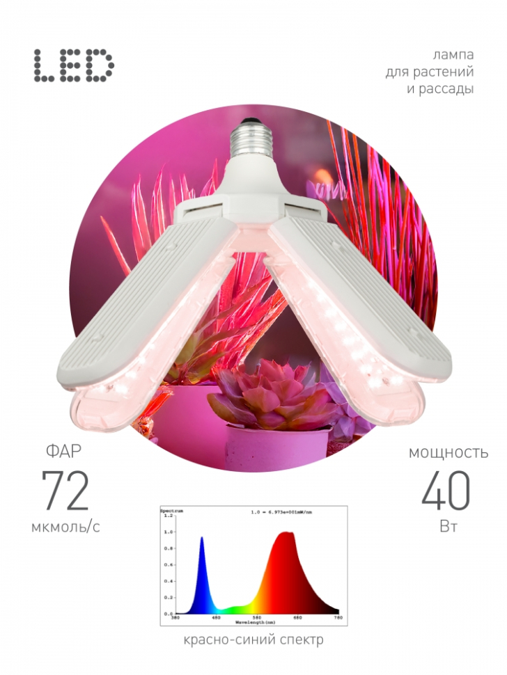 Фитолампа для растений светодиодная ЭРА GREEN LINE ФИТО-40W-PL-E27-GR 4-х лепестковая красно-синего спектра 40 Вт Е27 Б0064525 1334₽